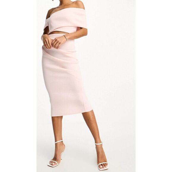 NWT ASOS DESIGN Off Shoulder Cutout Midi Dress with Asymmetric Hem in Rosewater - Picture 3 of 15